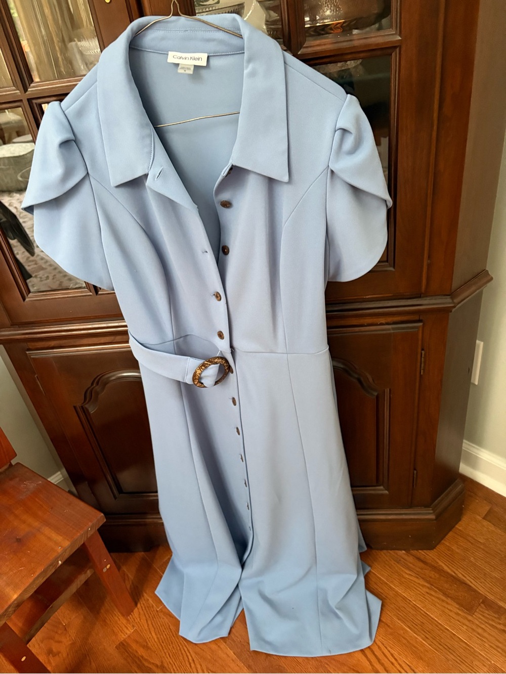 Calvin Klein Pale Blue Button-Front Midi Dress with Belt